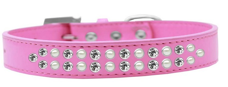 Two Row Pearl and Clear Crystal Size 16 Bright Pink Dog Collar